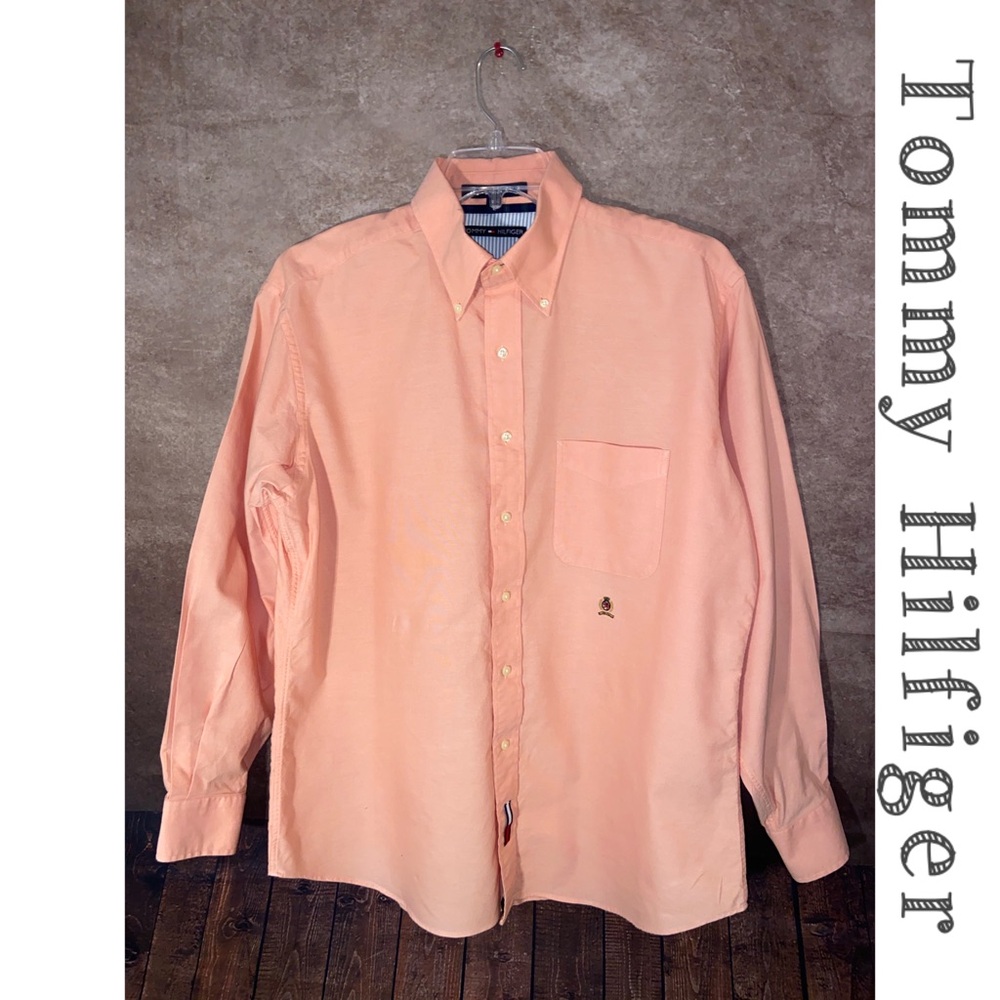 Tommy Hilfiger Original Oxford Men’s size L-Peach Casual LS Button down-EUC